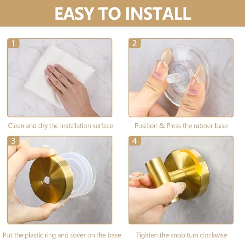 MNGD Towel Hooks Shower Suction Hook Towel Hanger for Bathroom Hanging Coat, Robe, Removable Wall Mounted Hook for Bedroom Kitchen Hotel Pool Brushed Gold(2-Pack) — view 6