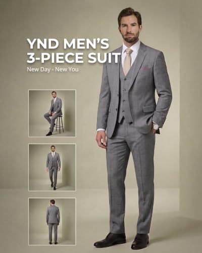 Image of YND Men's 3 Piece Suit with Tie, Solid Color Slim Fit Jacket Vest and Pants
