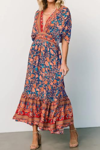 Image of R.Vivimos Women's Boho Floral Print Midi Dress with Pockets