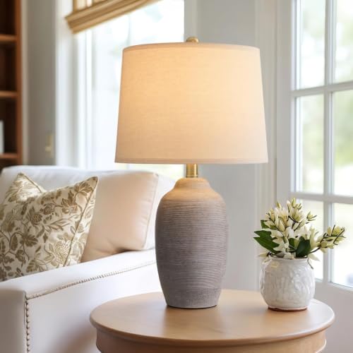 Image of 24.5 inch Vintage Ceramic Table Lamp Single-Rustic Boho Accent Nightstand Lamps for Bedroom, Living Room, Entryway-Small Textured Bedside Lamps, Modern Farmhouse Lamps for Home Decor Purple Grey