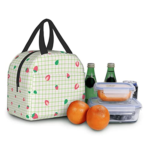Pubnico 75BOX-PLAID-467459137 Cute Strawberry Green Plaid Lunch Box Bento Box Insulated Lunch Boxes Reusable Waterproof Lunch Bag thumb #7