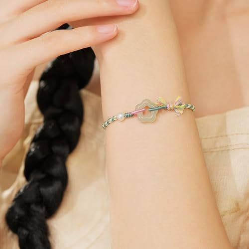 Green Jade Bracelet Flower Charm Freshwater Pearl Bead Adjustable Green Braided Bracelets Natural Gemstone Real Jade Bracelet for Women Wife Lady 6.3-8.7" (16+6cm) Y17139574