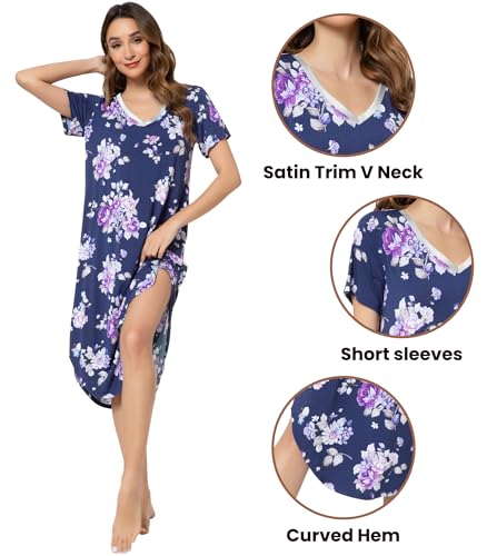 Image of NACHILA Nightgowns for Women-Viscose Made from Bamboo, V Neck Sleepshirts Short Sleeve Sleepwear Cool Nightshirt