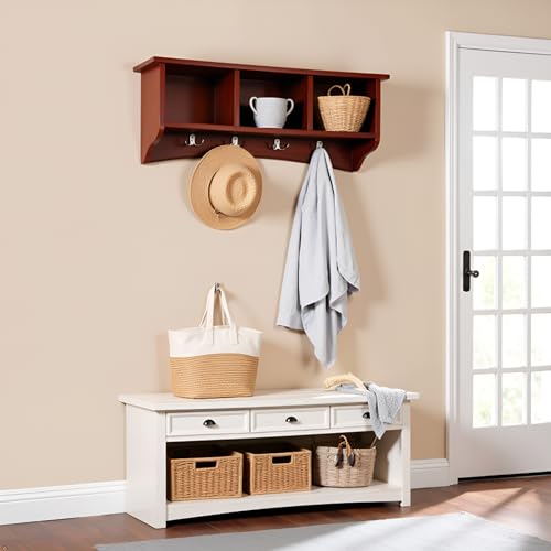 Image of Shaker Cottage Wall-Mounted Coat Rack with 3 Storage Cubbies and 4 Hooks - 36 inch Space-Saving Entryway Organizer, Mudroom and Hallway Wall Shelf by Alaterre Furniture (Cherry Finish)