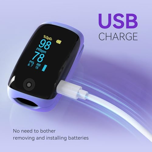 Rechargeable pulse oximeter with respiration , with SpO2 Pulse Rate and PI RR Precision Fast Oximeter SpO2 Reading Outdoor Sports Home (Purple)