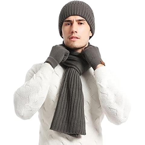 Go Mai 3Pcs Adults Winter Knitted Wool Hats+Scarf +Gloves Sets Warm Cap for Women&Men, Grey Men, One size Cover