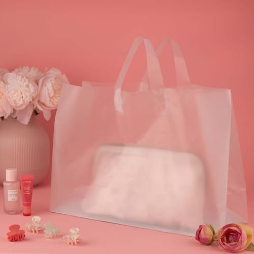 Frosted Shopping Bags with Handles and Cardboard Insert - 16"x12"x6" Gusset, 50 Pack - Durable, Reusable, and Eco-Friendly