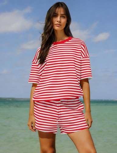 Image of Ythomm Striped Pajamas Shorts Sets Women 2 Piece Lounge Outfits Short Sleeve Tees Drawstring Shorts Summer Matching Pj Sets