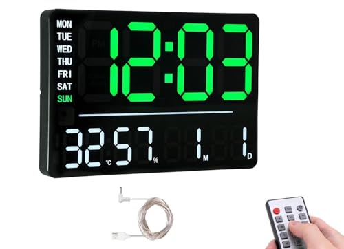 Image of 15-Inch Digital Wall Clock with Large LED Display - Remote Control, Auto-Dimming, Night Light, Date, Day, Temperature, DST Function - Ideal for Living Room, Bedroom (Square Green)
