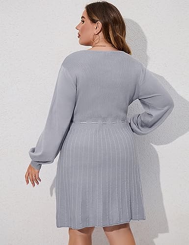 Image of Women's Plus Size Casual Sweater Dress Square Neck Long Lantern Sleeve Tie Waist Loose Pullover Sweater Dresses