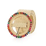 SeptCity Woven Belts for Women, Stretch Ladies Belts for Dresses, Wide Elastic Boho Ladies Belts with Colorful Buckle (beige with mult)