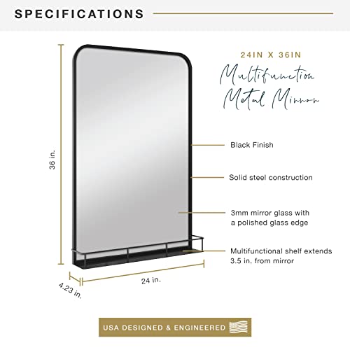 Mcs Multifunction Large Wall Mirror With Shelf, Minimalist Decor Metal Rectangle Mirror With Rounded Corners For Entryway, Bedroom, Or Bathroom, 24X36 Inch, Black #TOP2