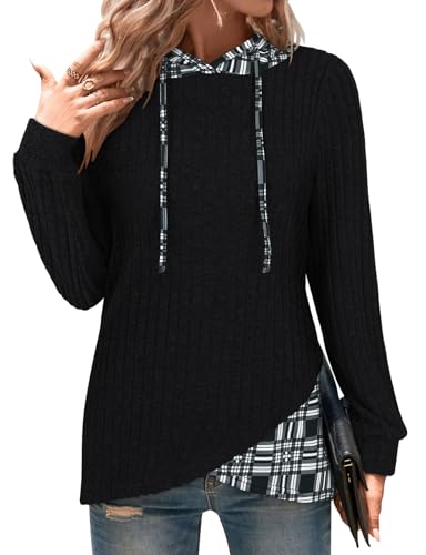 Image of Gemulate Women’s Fashion Oversized Plaid Hoodie Long Sleeve Jumpers Ladies Knitted Tops Pullover Sweater Winter Tunic Sweatshirts Black L