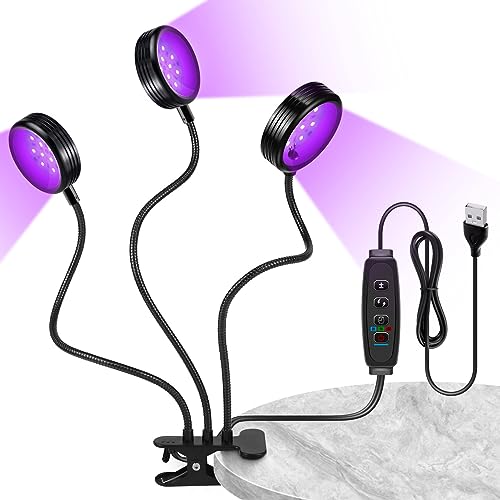YGS-Tech LED Black Light, 15W UV Lamp with USB, Three Head Dimmable Gooseneck UV Light, Wavelength 389-405nm Black Lights for Resin, Neon Body Paint, Bedroom and Glow Party Decorations