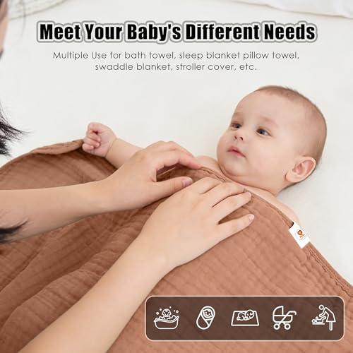 Image of Sunny zzzZZ Muslin Hooded Baby Bath Towels - 3 Pack 100% Cotton Soft Low-Saturation Pastel Towels Including Classic White for Newborns, Infants, Toddlers - 32x32 Inch - Light Bean Paste and White