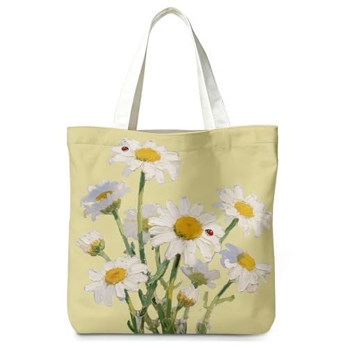 LIANGW Daisy Canvas Tote Bag Aesthetic, Daisy Gifts for Women, Cute Daisy Flowers Summer Reusable Shopping Grocery Bags