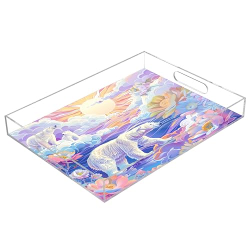 IOACIY Clear Serving Tray 12x16 Inches Acrylic Decorative Tray Organiser for Ottoman Coffee Table Countertop with Handles, Bear (4)