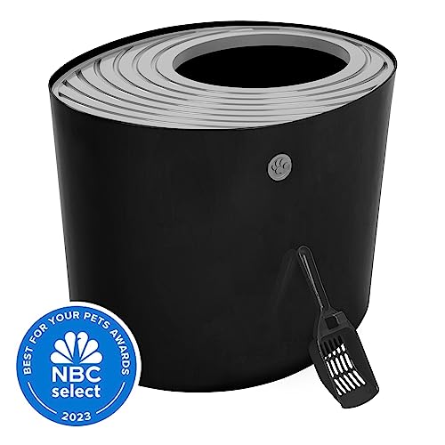 Iris Usa Large Stylish Round Top Entry Cat Litter Box With Scoop, Curved Kitty Litter Pan With Litter Particle Catching Grooved Cover And Privacy Walls, Black/Gray #TOP6