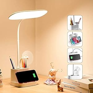 Lampe de Bureau LED, Lampe de Bureau Dimmable 3 Modes de Couleur, Lampe de Lecture Tactile Sans Fil pour Chambre Livre avec Port de Charge USB/Porte Stylo, Lampe de Table Pliable, Protection des Yeux