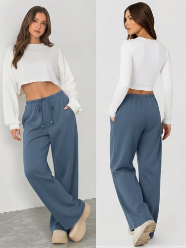 ATHMILE Womens Blue Wide Leg Sweatpants Long Straight Streetwear Drawstring Low Waist Casual Loose Baggy Workout Pants 2026 — view 3