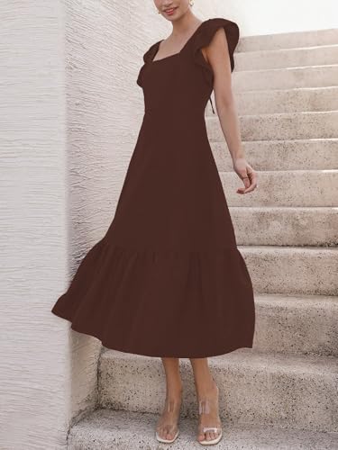 Image of Sugathari Girl's & Women's Solid Color Square Neck, Ruffle-Trimmed Hem Sleeveless, Ruffle Armhole and Casual Dress with Cinched Waist Vacation Outfits Woman (Dress 176)