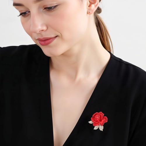 Image of Rose Flower Brooch Pin, 3D Crystal Rose Pin Rhinestone Floral Brooch Vintage Red Brooches 3D Floral Dress Accessories Red Roses Crystal Pins for Women Girls Hat Bag Suit Dress