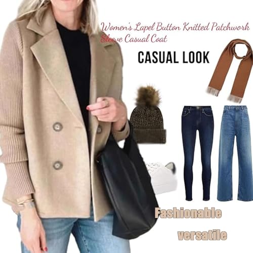 Women's Lapel Button Knitted Patchwork Sleeve Casual Coat, 2025 Fashion Cropped Double Breasted Blazer Sweater for Women3