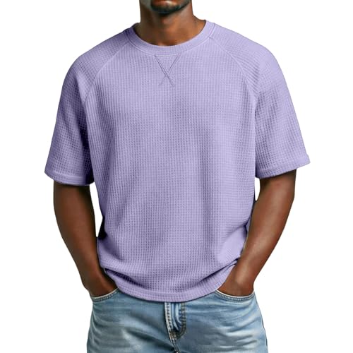 Camiseta raglán de gofre para hombre, camiseta de manga corta para hombre, camisa de cuello redondo, tela texturizada de rejilla de gofre, detalle de puntada en X en la parte delantera del cuello y