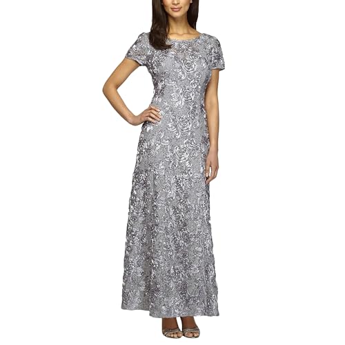 Image of Alex Evenings Women's Long Rosette Mother of The Bride Dress with Short Sleeves