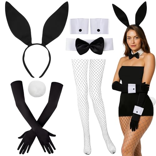 Bunny Kostüm Frauen,Halloween Kostüm Damen,8 Stück Hasenkostüm Erwachsene Set,Hasenohren Haarreif Fliege Armband Handschuhe Schwanz Netzstrümpfe...