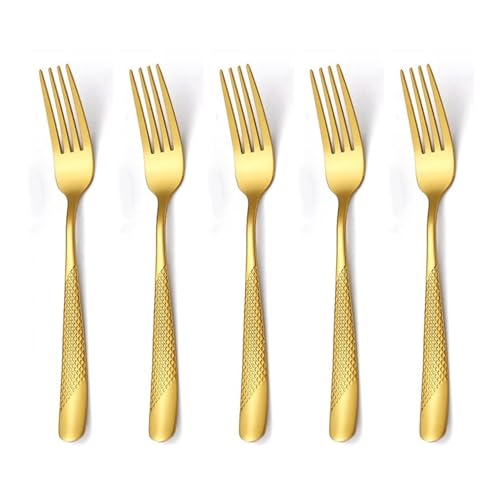 Image of Aurum Gold French Style Silverware | 5-Piece Hammered Dinner Fork Set | Premium 18 /10 Stainless Steel Flatware | Durable & Elegant Cutlery for Home, Restaurants & Gifting