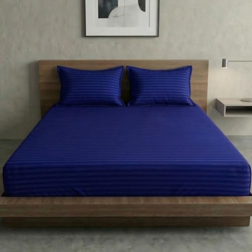 Image of Home Sizzler 300TC Cotton Blue Satin Striped Double Bedsheet with 2 King Size Pillow Covers, 90 inchX92 inch