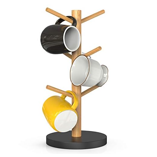 Bamboo Mug Rack, Coffee Mug Tree, Coffee Cup Holder, Coffee Bar Accessories with 6 Hooks