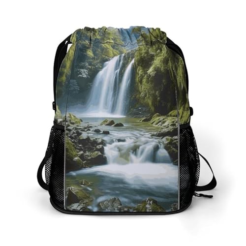Drawstring Gym Backpack with Shoe Compartment And Wet Pocket, 28L Lightweight Waterproof Waterfall Landscape Painting Sports Backpack for Workout Swim Beach Travel String Bag for Men Women
