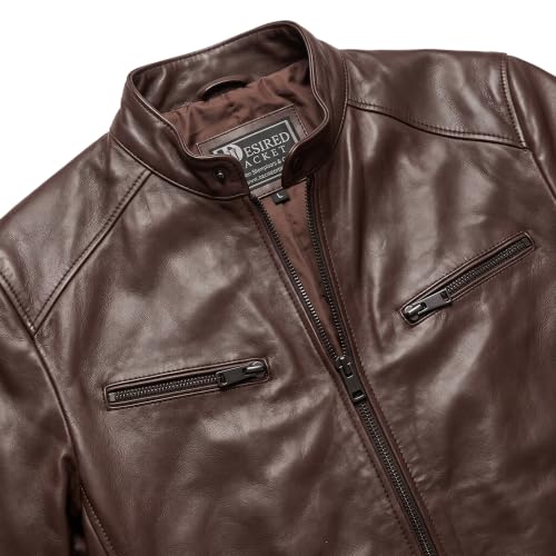 Image of Men Cafe Racer Motorcycle Style Solid Leather Jacket Slim Fit Motorcycle Brown Cafe Racer Leather Jacket