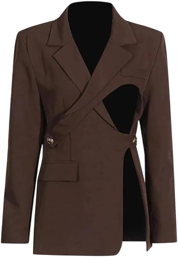 Women's British Style Suit Jacket Blazer Suit Collar Asymmetric Deconstruction Design Waist Cutout Coat