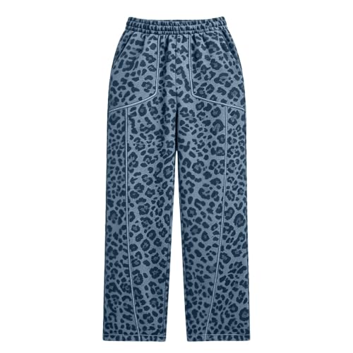XINGJIAARTS Leopard Track Pants Women Baggy Wide Leg Sweatpants Fall Y2K Lounge Sweat Pants Jogging Trousers with Pockets Blue Small - image 3