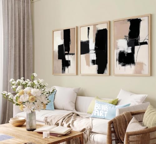 Image of BLINKART Set of 3 BLACK BEIGE BRUSHSTROKE Natural Brown Frame Painting for Wall Decoration - Modern Art Wall Decor Framed Painting for Living Room Bedroom - Framed Wall Posters /Paintings (8X12 inch)