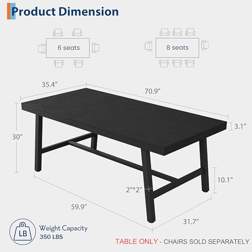 Image of GarveeHome Industrial Dining Table for 6-8 People, 70.87 inch Long Large Kitchen Table with Sturdy Metal Frame, Rectangular Counter for Dinner, Kitchen, Dining Room (Black, 71 inch Non-extendable)