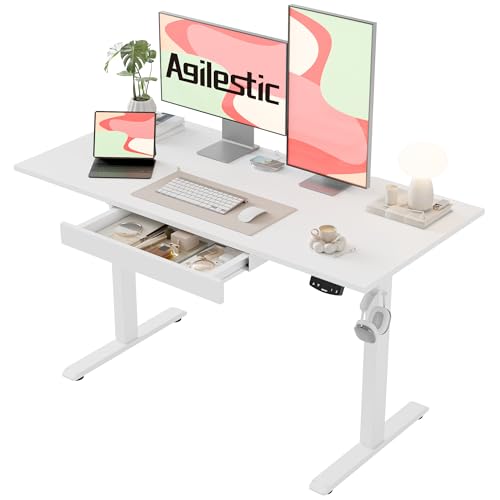 Image of Agilestic Electric Standing Desk with Drawers, 47.8 x 24 Inches Height Adjustable Desk, Stand up Computer Table with Memory Preset, for Work Office Home, Integrated Drawers-White