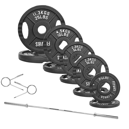 Fitvids Olympic Cast Iron 2-Inch Weight Plates Including 5FT Olympic Barbell Bar & Safely Locks, 1​10 Pounds Set (​95 Lbs Plates + 15 Lbs Barbell Bar), Multiple Packages