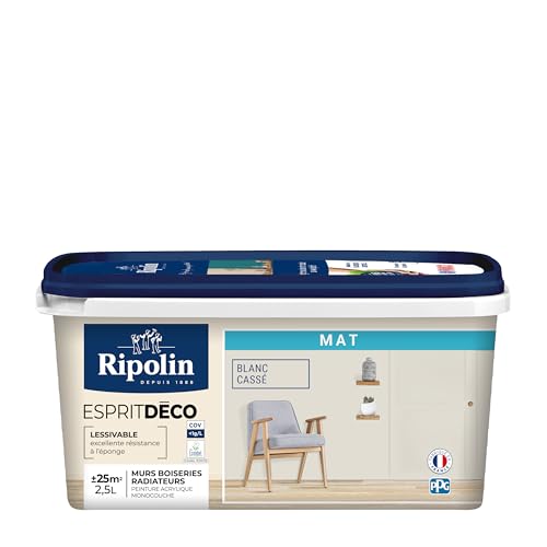 RIPOLIN - Peinture Intérieure Multi-Supports – Murs, Boiseries & Radiateurs – Ultra Couvrante – Lessivable – Application Facile – Ecolabel - Aspect Mat - 2,5L - Blanc Cassé