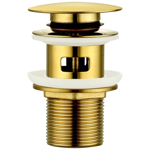 Peppermint Basin Waste Slotted Bathroom Pop Up Sink Waste, Brushed Gold Click Clack Waste Plug with Overflow for Bathroom Basin, Vessel Sinks