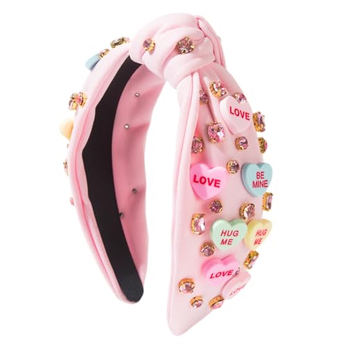 SeBneny Valentine Headbands for Women Trendy Pink Knotted Headband - Top Knot Rhinestone Woman Head Band for Hair, Valentine Heart Hair Accessories for Women