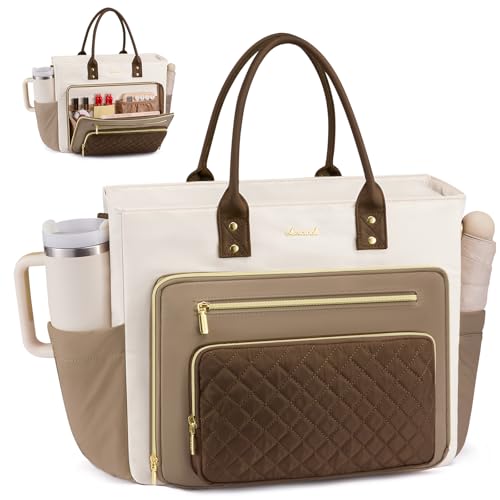 Image of LOVEVOOK 17 Inch Laptop Tote Bag for Women, Teacher Nurse Work Bags, Laptop Bag With Large Cup Holder, Professional Briefcase Business Computer Purses Handbag Gifts,Khaki-Beige-Coffee