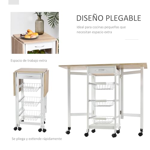 Miniatura 3 de Homcom Carrito De Cocina Con Alas Plegable, Carrito Auxiliar Con Ruedas, Verdulero Con Cajón Y 3 Cesta De Metal, 97,2x37x77,5 Cm, Blanco Y Roble