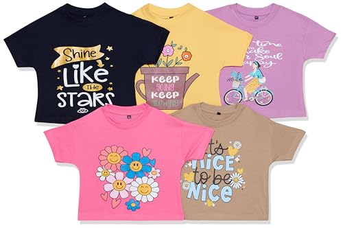 Image of T2F Girls Cotton Printed Oversized Fit Dropshoulder T-Shirt (Pack of 5)