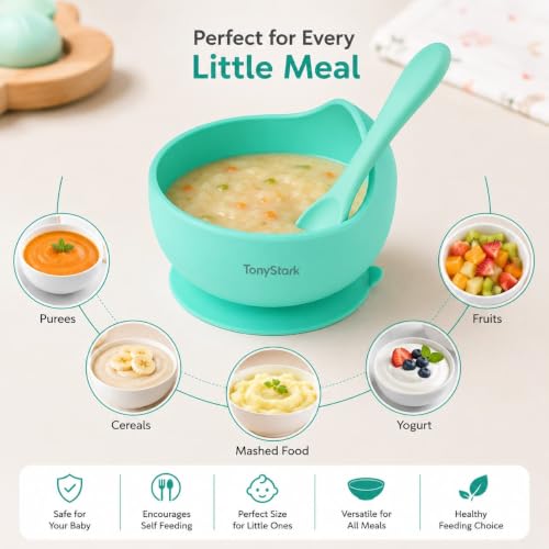 Image of TONY STARK Silicone Unbreakable Baby Bowl & Handle Spoon - Suction Design, Non-Slip, BPA Free, Dishwasher & Microwave Safe (Cyan, 2 Piece Set)