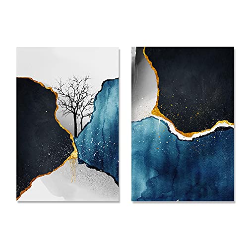 Art abstrait contemporain bleu or et noir lot de 2 affiches HD 50x70cm sans cadre pour salon