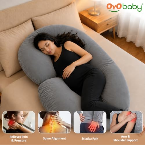 Image of OYO BABY Maternity Pillows for Pregnant Women with Washable Premium Velvet Cover| Maternity Pillow with Removable Cover | Pregnancy Pillows for Sleeping | C-Shaped Maternity Pillow (Grey Color)